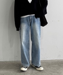 ISOOK | ウォッシュワイドデニムパンツ(chiica select) / ハイウエスト ヴィンテージ風 古着風 色褪せ加工 ストレート フルレングス 水色 ライトブルー(デニムパンツ)