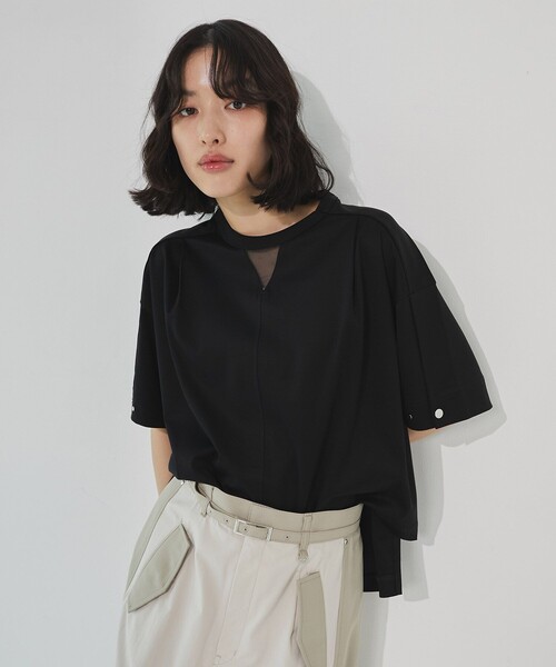UNITED TOKYO（ユナイテッドトウキョウ）の「シルケットオーバーサイズTシャツ｜ウォッシャブル/半袖/オフィスカジュアル/秋服（Tシャツ/カットソー・レディース・ブラック/アイボリー・FREE）」の8枚目の写真