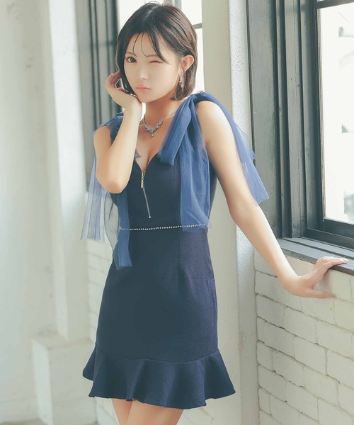 キャバドレス ミニ タイト ツイード ボリュームチュールリボン