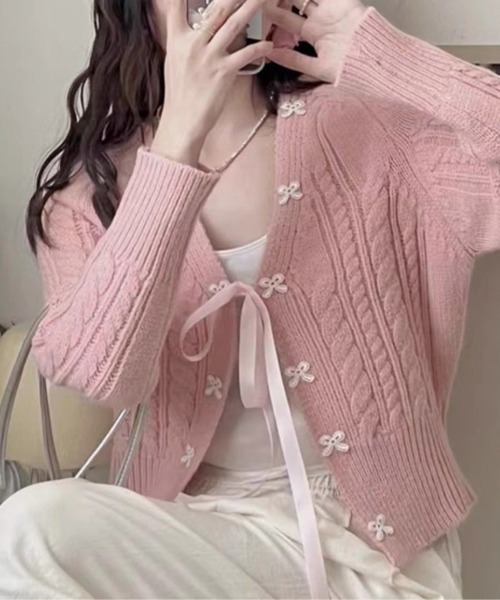 Teem Store(チームストア)の「リボンケーブル編みカーディガン(カーディガン/ボレロ・レディース・ピンク/ホワイト/グレー・F)」の3枚目の写真