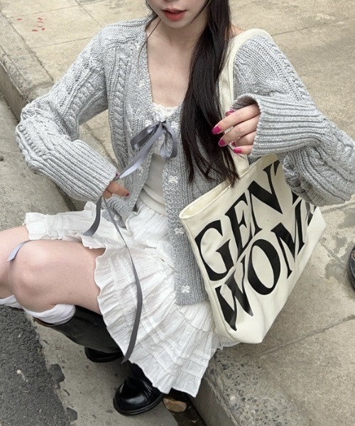 Teem Store(チームストア)の「リボンケーブル編みカーディガン(カーディガン/ボレロ・レディース・ピンク/ホワイト/グレー・F)」の9枚目の写真