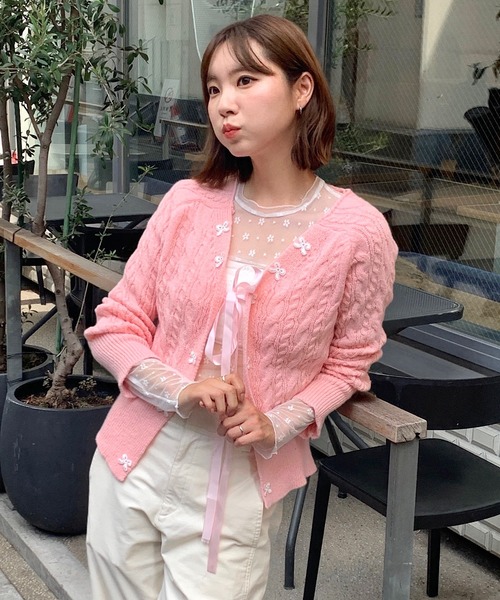 Teem Store(チームストア)の「リボンケーブル編みカーディガン(カーディガン/ボレロ・レディース・ピンク/ホワイト/グレー・F)」の20枚目の写真