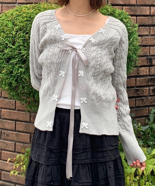 Teem Store(チームストア)の「リボンケーブル編みカーディガン(カーディガン/ボレロ・レディース・ピンク/ホワイト/グレー・F)」の14枚目の写真