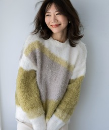 UNDOVE（アンドゥーブ）の「UNDOVE　ニュアンス柄もっちりシャギーニット　【配色ニット/波柄/冬ニット/UVカット/もこもこ】（ニット/セーター）」