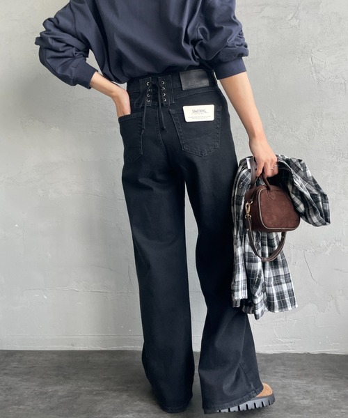 LISA 綁帶 寬版牛仔褲