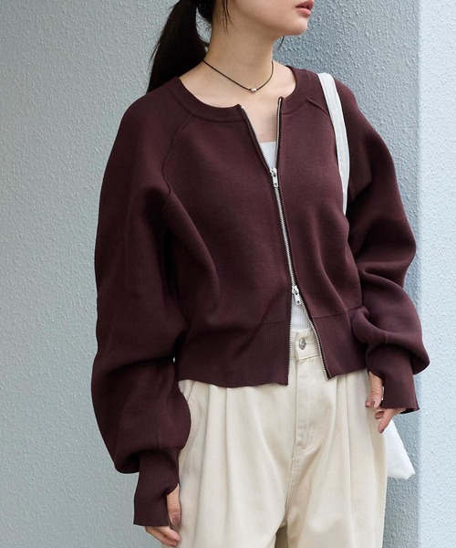 MONO-MART（モノマート）の「前後2WAY｜ダブルジップ ショートカーデ（スウェットライク）（カーディガン/ボレロ・レディース・杢グレー/アイボリー/ブラック/ネイビー/ピンク/レッド/ブラウン/モカ/ダークグレー・FREE）」の5枚目の写真