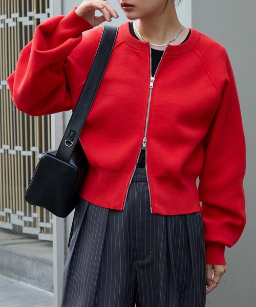 MONO-MART（モノマート）の「前後2WAY｜ダブルジップ ショートカーデ（スウェットライク）（カーディガン/ボレロ・レディース・杢グレー/アイボリー/ブラック/ネイビー/ピンク/レッド/ブラウン/モカ/ダークグレー・FREE）」の9枚目の写真