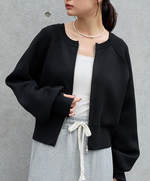 MONO-MART（モノマート）の「前後2WAY｜ダブルジップ ショートカーデ（スウェットライク）（カーディガン/ボレロ・レディース・杢グレー/アイボリー/ブラック/ネイビー/ピンク/レッド/ブラウン/モカ/ダークグレー・FREE）」の12枚目の写真