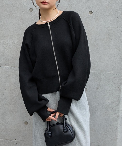 MONO-MART（モノマート）の「前後2WAY｜ダブルジップ ショートカーデ（スウェットライク）（カーディガン/ボレロ・レディース・杢グレー/アイボリー/ブラック/ネイビー/ピンク/レッド/ブラウン/モカ/ダークグレー・FREE）」の13枚目の写真