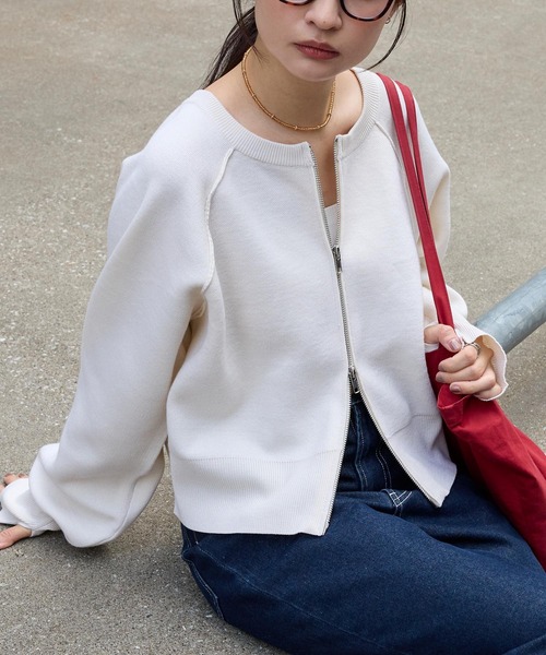 MONO-MART（モノマート）の「前後2WAY｜ダブルジップ ショートカーデ（スウェットライク）（カーディガン/ボレロ・レディース・杢グレー/アイボリー/ブラック/ネイビー/ピンク/レッド/ブラウン/モカ/ダークグレー・FREE）」の18枚目の写真