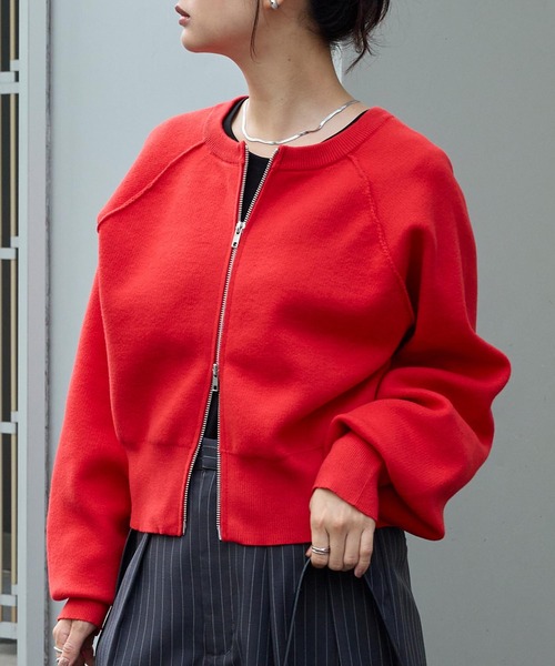 セール】2WAYショート丈ダブルジップスウェットライクニット