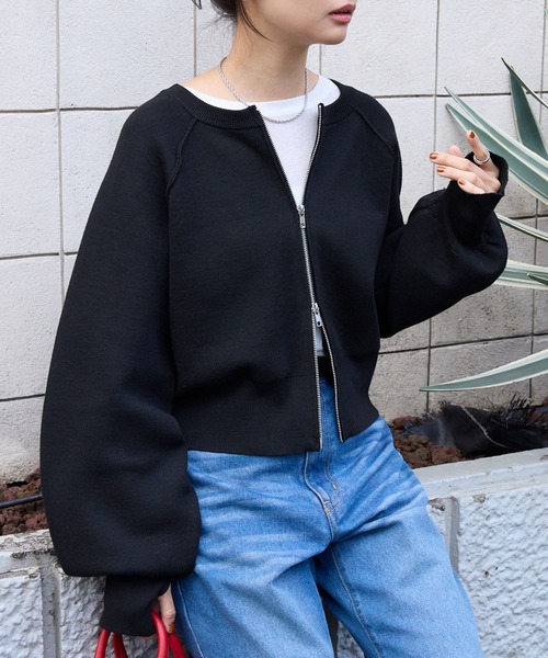 2WAYショート丈ダブルジップスウェットライクニットカーディガン