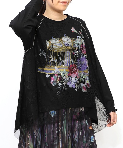 iS ScoLar（イズスカラー）の「553206：花とメリーゴーランド柄レース重ねロンT（Tシャツ/カットソー・レディース・ブラック/アイボリー・M）」の18枚目の写真