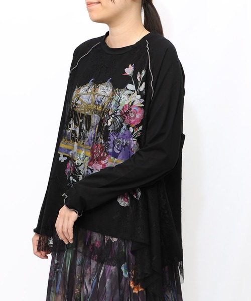 iS ScoLar（イズスカラー）の「553206：花とメリーゴーランド柄レース重ねロンT（Tシャツ/カットソー・レディース・ブラック/アイボリー・M）」の19枚目の写真