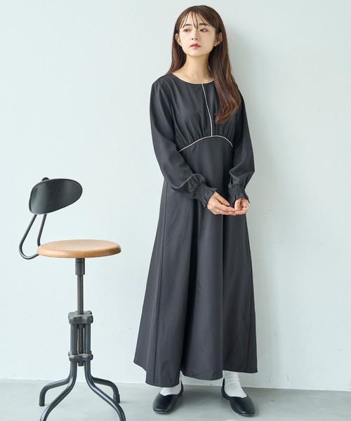 mil(ミル)の「配色サテンパイピングワンピース【585130】(ワンピース・レディース・ダークブラウン/ブラック/グレイッシュベージュ・XS/S)」の2枚目の写真