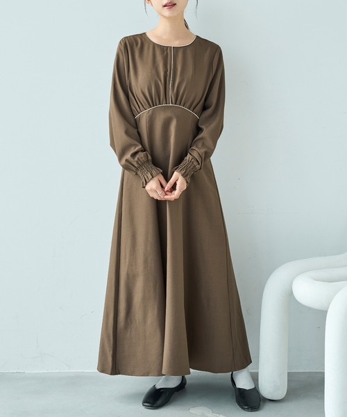 セール】配色サテンパイピングワンピース【585130】（ワンピース