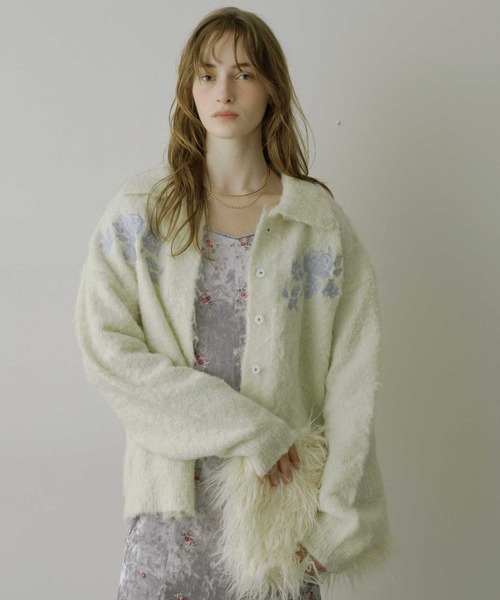 HEIREN】モヘアタッチ刺繍入りカーディガン（カーディガン