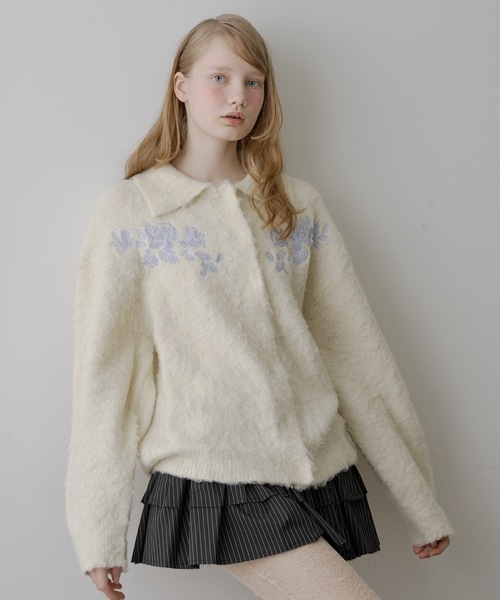 セール】【HEIREN】モヘアタッチ刺繍入りカーディガン（カーディガン