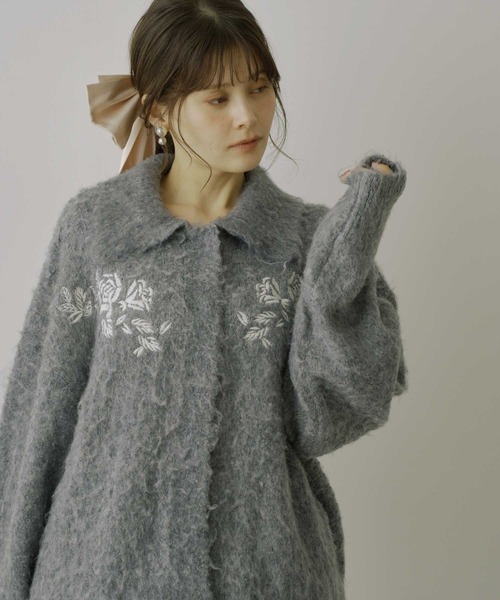 セール】【HEIREN】モヘアタッチ刺繍入りカーディガン（カーディガン