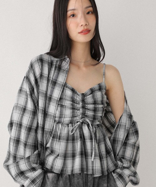 Heather（ヘザー）の「フロントリボンチェックビスチェ　602833（キャミソール・レディース・ブラック系/グレー系/ブラウン系/ネイビー系・FREE）」の2枚目の写真