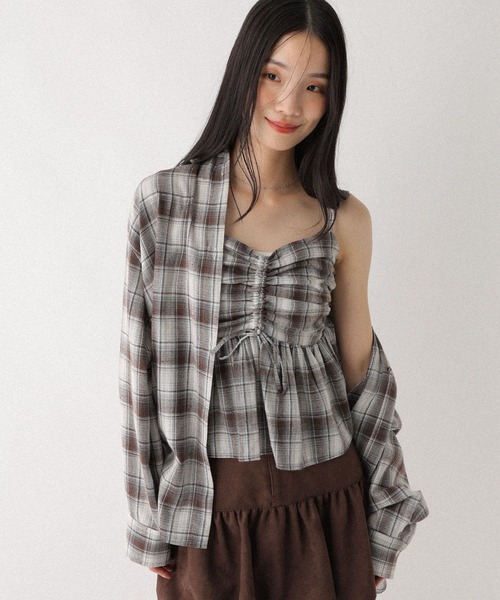 Heather（ヘザー）の「フロントリボンチェックビスチェ　602833（キャミソール・レディース・ブラック系/グレー系/ブラウン系/ネイビー系・FREE）」の3枚目の写真