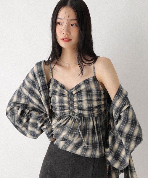 Heather（ヘザー）の「フロントリボンチェックビスチェ　602833（キャミソール・レディース・ブラック系/グレー系/ブラウン系/ネイビー系・FREE）」の4枚目の写真