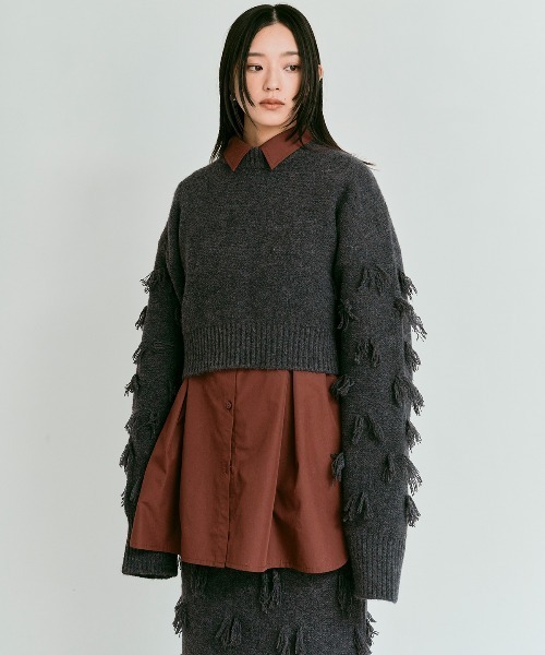 W:Huku(フーク)の「ポイントフリンジ ショート丈 ニット セーター / Pointed Fringe Short Knit(ニット/セーター・レディース・チャコール/アイボリー/ブラック・FREE)」の8枚目の写真