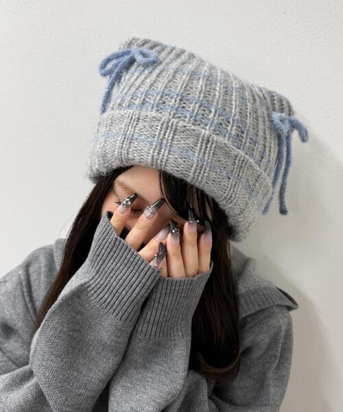 WEGO（ウィゴー）の「WEGO/ラメリボンネコミミニットキャップ（ニットキャップ/ビーニー・レディース・ブラウン/オフホワイト/グレー/ブラック・FREE）」の4枚目の写真
