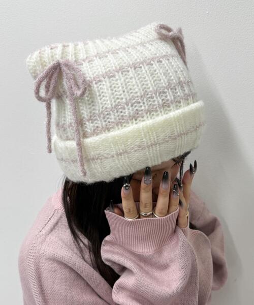 WEGO（ウィゴー）の「WEGO/ラメリボンネコミミニットキャップ（ニットキャップ/ビーニー・レディース・ブラウン/オフホワイト/グレー/ブラック・FREE）」の2枚目の写真
