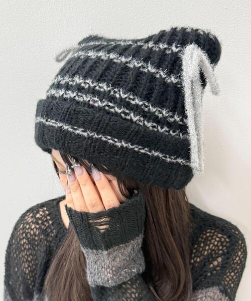 WEGO（ウィゴー）の「WEGO/ラメリボンネコミミニットキャップ（ニットキャップ/ビーニー・レディース・ブラウン/オフホワイト/グレー/ブラック・FREE）」の3枚目の写真