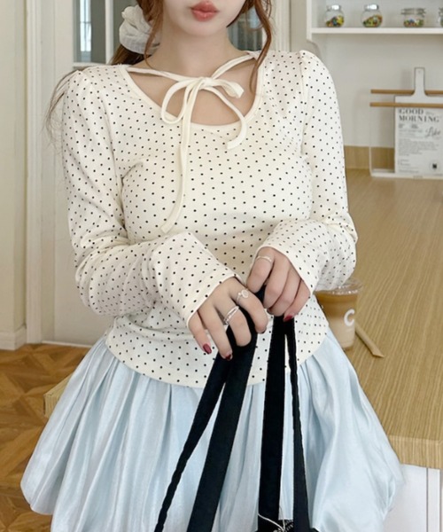 リボンデザイン ドットプリント カットソー（Tシャツ/カットソー