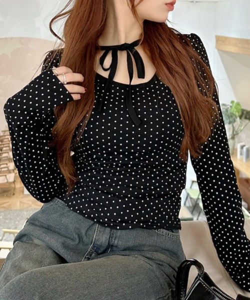 リボンデザイン ドットプリント カットソー（Tシャツ/カットソー