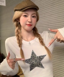 VIBGYOR（ヴィブジョー）の「【lulufa】レオパードスターモチーフロンT/長袖 韓国 ギャル(CZ)（Tシャツ/カットソー・レディース）」