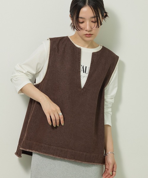 Green Parks(グリーンパークス)の「フリンジ付きデニムベスト(ベスト・レディース・ブラウン/ブラック・FREE)」の2枚目の写真