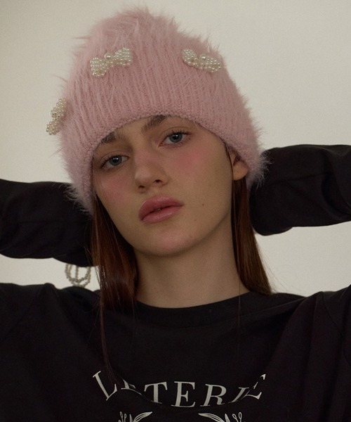SANSeLF（サンセルフ）の「【SANSeLF】 パールリボンシャギーニットキャップ  ビーズアクセント フェミニン saa25a114（ニットキャップ/ビーニー・レディース・ブラック/ホワイト/ピンク・FREE）」の3枚目の写真