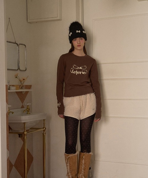 SANSeLF（サンセルフ）の「【SANSeLF】 パールリボンシャギーニットキャップ  ビーズアクセント フェミニン saa25a114（ニットキャップ/ビーニー・レディース・ブラック/ホワイト/ピンク・FREE）」の2枚目の写真