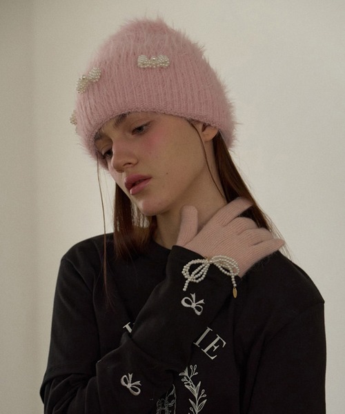 SANSeLF（サンセルフ）の「【SANSeLF】 パールリボンシャギーニットキャップ  ビーズアクセント フェミニン saa25a114（ニットキャップ/ビーニー・レディース・ブラック/ホワイト/ピンク・FREE）」の14枚目の写真