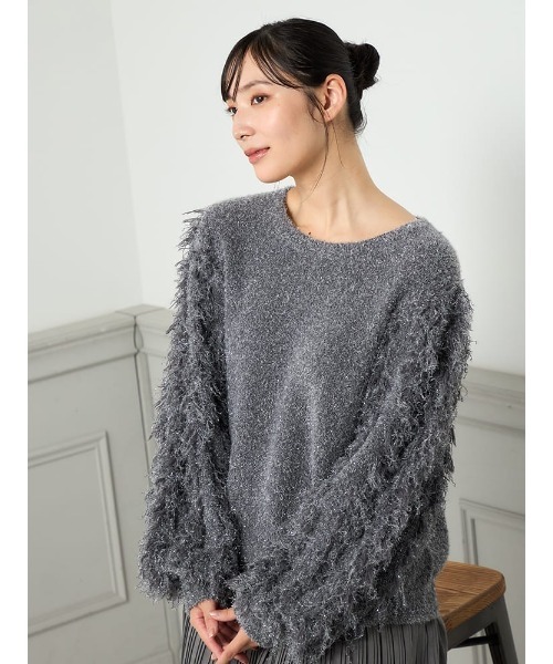 HARUYAMA（ハルヤマ）の「【WEB限定】ラメフリンジスリーブ FURRY（ニット/セーター・レディース・チャコールグレー/オフホワイト/サックスブルー・F）」の2枚目の写真