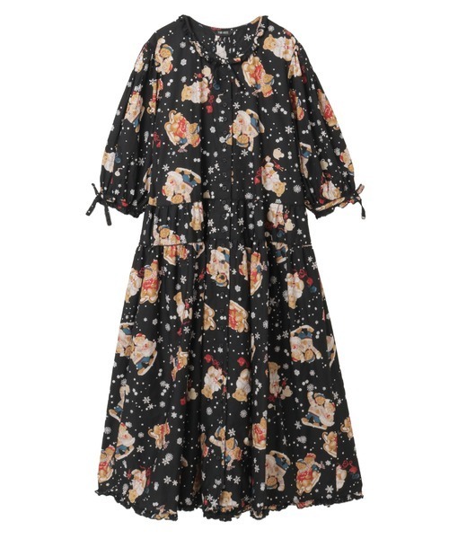 三つ子のくまの冬支度プリントワンピース｜ピンクハウス モカ茶 くま耳付き