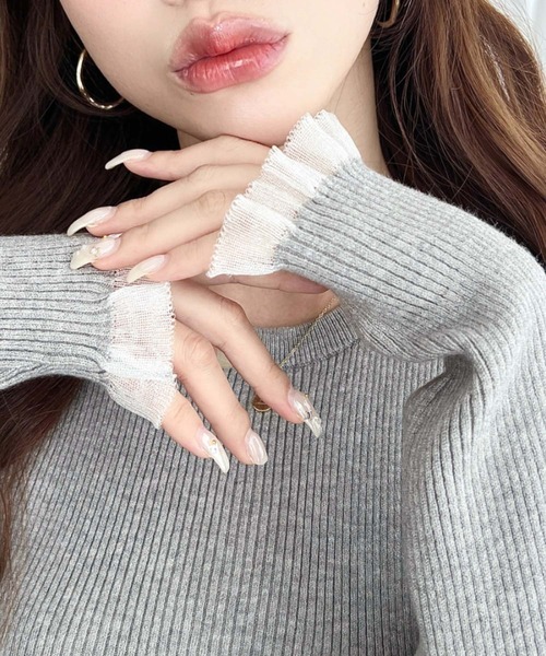 セール】クルーネックシアーフリルカフスリブニットプルオーバー