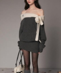 配色リボン付きオフショルロングニットトップス