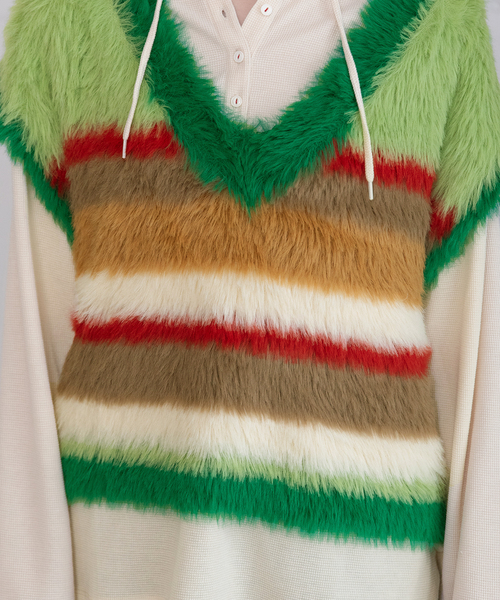 POU DOU DOU（プードゥドゥ）の「フェザーヤーンボーダーVネックベスト（ベスト・レディース・ブラック/グリーン/ブラウン・M）」の13枚目の写真