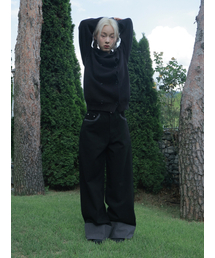 CHECK ROLL UP COTTON PANTS, BLACK