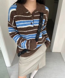 モヘアタッチオーバーサイズボーダーポロニット
