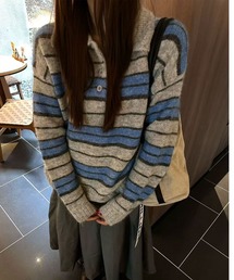 モヘアタッチオーバーサイズボーダーポロニット