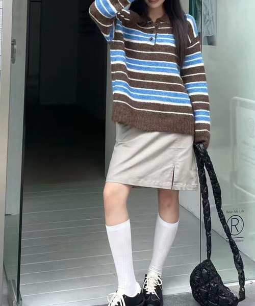 LYEON(リヨン)の「モヘアタッチオーバーサイズボーダーポロニット(ニット/セーター・レディース・ブラウン/ネイビー/グレー・FREE)」の6枚目の写真
