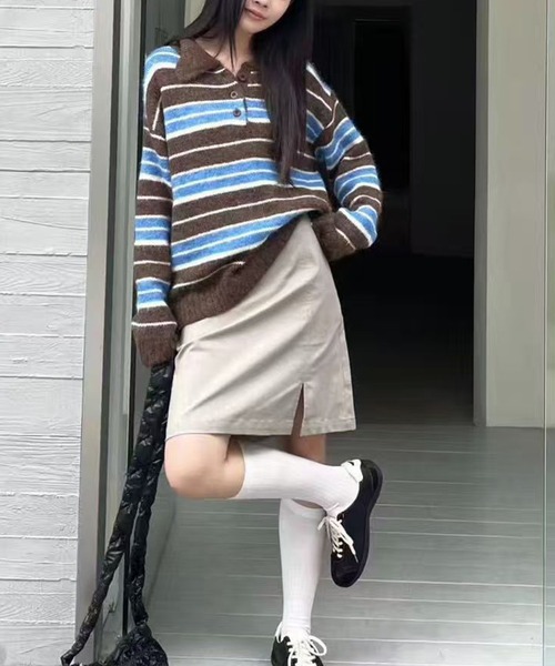 LYEON(リヨン)の「モヘアタッチオーバーサイズボーダーポロニット(ニット/セーター・レディース・ブラウン/ネイビー/グレー・FREE)」の10枚目の写真