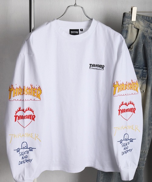 THRASHER スラッシャー ワンポイント刺繍 袖ロゴプリント ロンT(T THRASHER スラッシャー ワンポイント刺繍 袖ロゴプリント ロンT(T