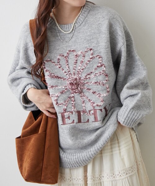 continuer de NICE CLAUP（コンティニューデナイスクラップ）の「ブラシヤーンお花ジャガードニット（ニット/セーター・レディース・アイボリー/ボルドー/ネイビー/グレー・FREE）」の3枚目の写真