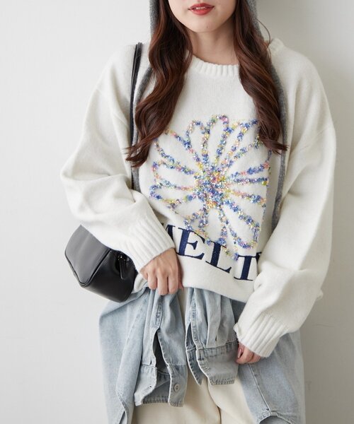 continuer de NICE CLAUP（コンティニューデナイスクラップ）の「ブラシヤーンお花ジャガードニット（ニット/セーター・レディース・アイボリー/ボルドー/ネイビー/グレー・FREE）」の5枚目の写真